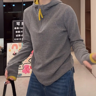 双面绒撞色半拉链连帽打底衫女2025冬季新款韩版保暖发热绒帽衫潮