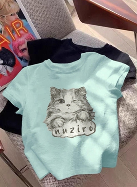 猫咪印花薄荷绿正肩短袖t恤女夏季多巴胺穿搭甜辣修身掐腰短上衣