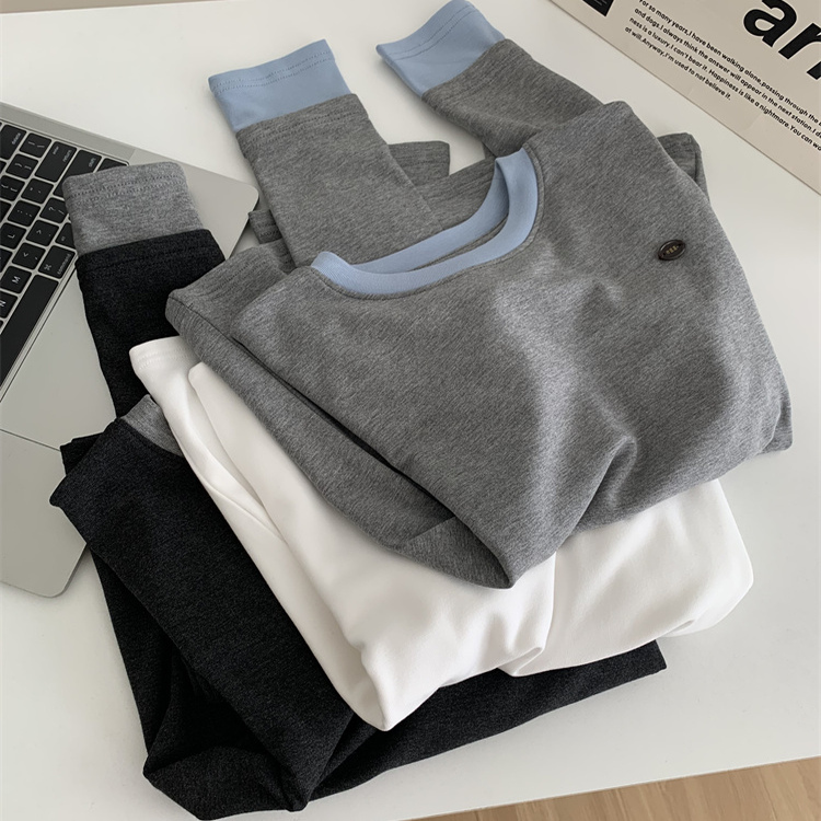 高级简约拼色圆领长袖抓绒T恤女25秋冬新款钉扣仿羊绒加厚打底衫