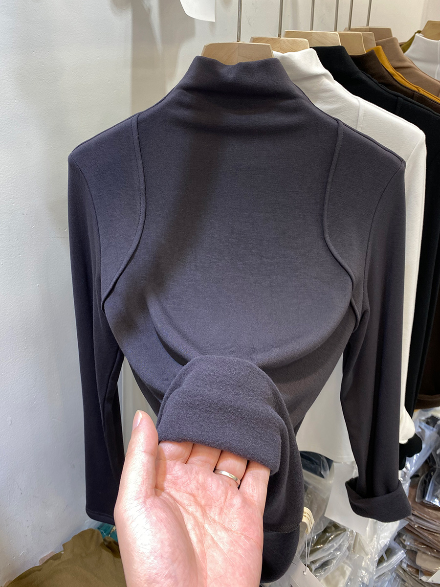 欧货洋气半高领加薄绒T恤女2022秋冬新款亲肤显瘦内搭打底衫上衣