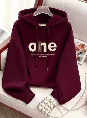 红色连帽卫衣女加绒2026新款春秋冬薄款字母时尚洋气上衣加厚外套