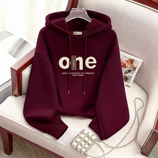 洋气上衣加厚外套 字母时尚 红色连帽卫衣女加绒2025新款 春秋冬薄款