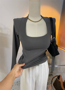 性感修身梯形领方领纯欲长袖t恤女高级灰秋季新款打底衫上衣韩国