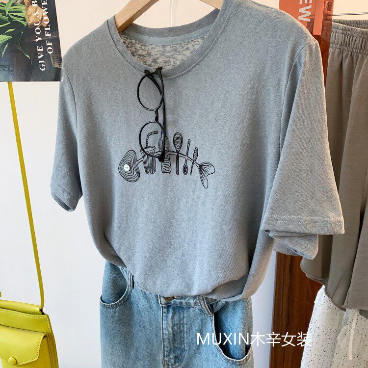 鱼骨印花雪花棉夏季清凉柔软舒适简约文艺休闲百搭女式短袖T恤衫