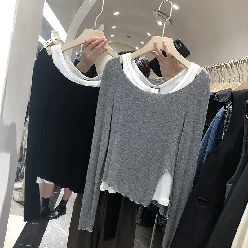 长袖t恤女2021春秋新款韩国东大门女装英伦ins潮假两件打底衫上衣