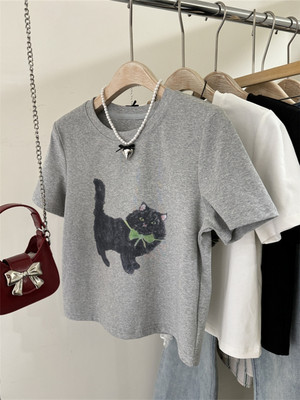 新款复古正肩显瘦短款上衣tee