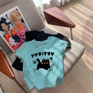 潮牌猫咪短袖t恤女2026新款夏季减龄小个子正肩修身短款美式上衣