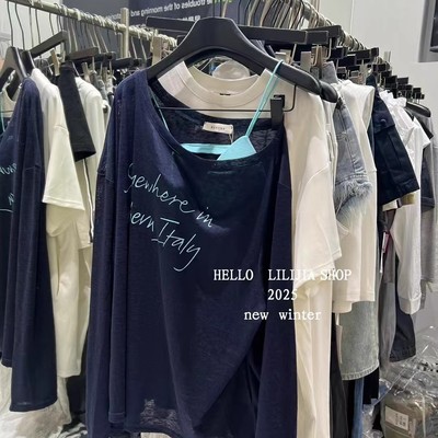 韩国东大门夏季新款斜领露肩薄款宽松防晒罩衫长袖T恤+吊带两件套