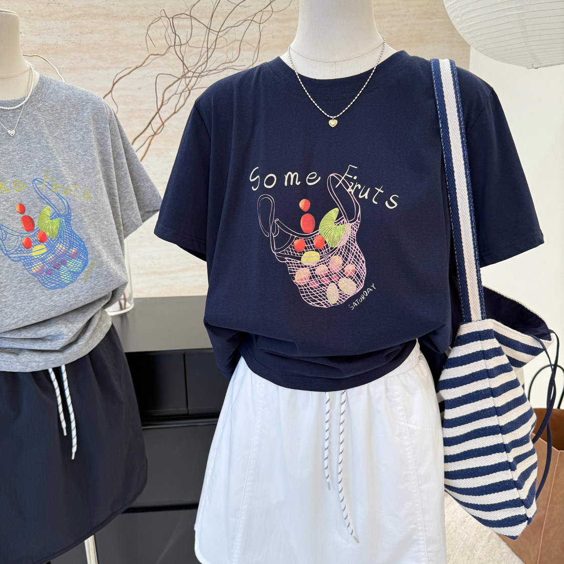 韩系简约水果印花雪花棉短袖t恤女夏季新款休闲减龄宽松圆领上衣