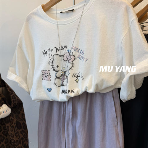 温柔焦点 配色独特 两色Kitty猫印花雪花棉短袖T恤女宽松圆领上衣