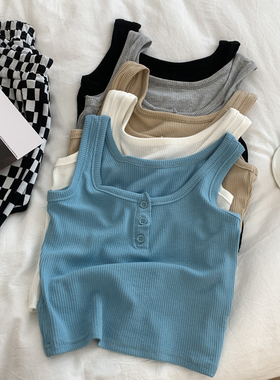 简约文艺百搭纽扣U字领小背心女修身显瘦短款内搭吊带打底衫夏季