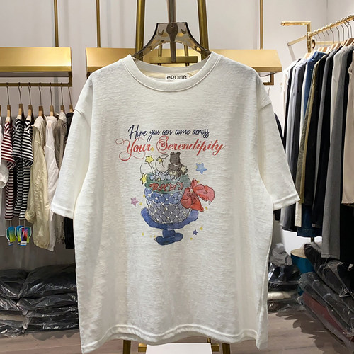 韩版小熊印花圆领凉感雪花棉短袖T恤女夏季趣味减龄透气百搭上衣