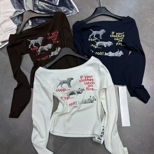 新款 美式 t恤女2025秋季 甜辣风辣妹修身 显瘦正肩上衣女潮 长袖