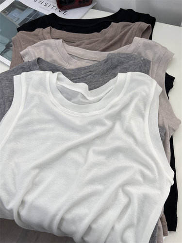 夏遮副乳白色圆领无袖t恤上衣