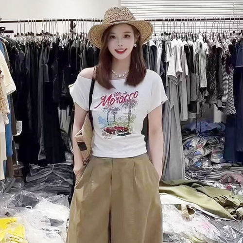 十三行辣妹字母印花斜肩短袖T恤女26夏新款韩版修身显瘦百搭上衣