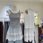 韩国流行潮款 设计感蕾丝网纱小屁帘叠穿吊带背心中长款 内搭上衣