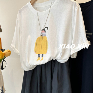 趣味黄衣服少女 好看上衣tee 韩国卡通印花圆领短袖 T恤女百搭夏季