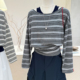 显瘦背心罩衫 长袖 t恤女秋季 复古条纹宽松修身 2026新款 两件套上衣