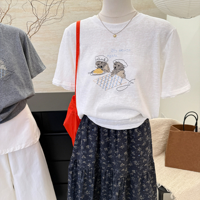 韩系趣味印花花边百搭短袖T恤女2025年春夏新款休闲宽松显瘦上衣