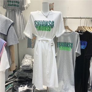 字母印花设计感收腰绑带气质韩国东大门2021女显瘦短袖T恤连衣裙