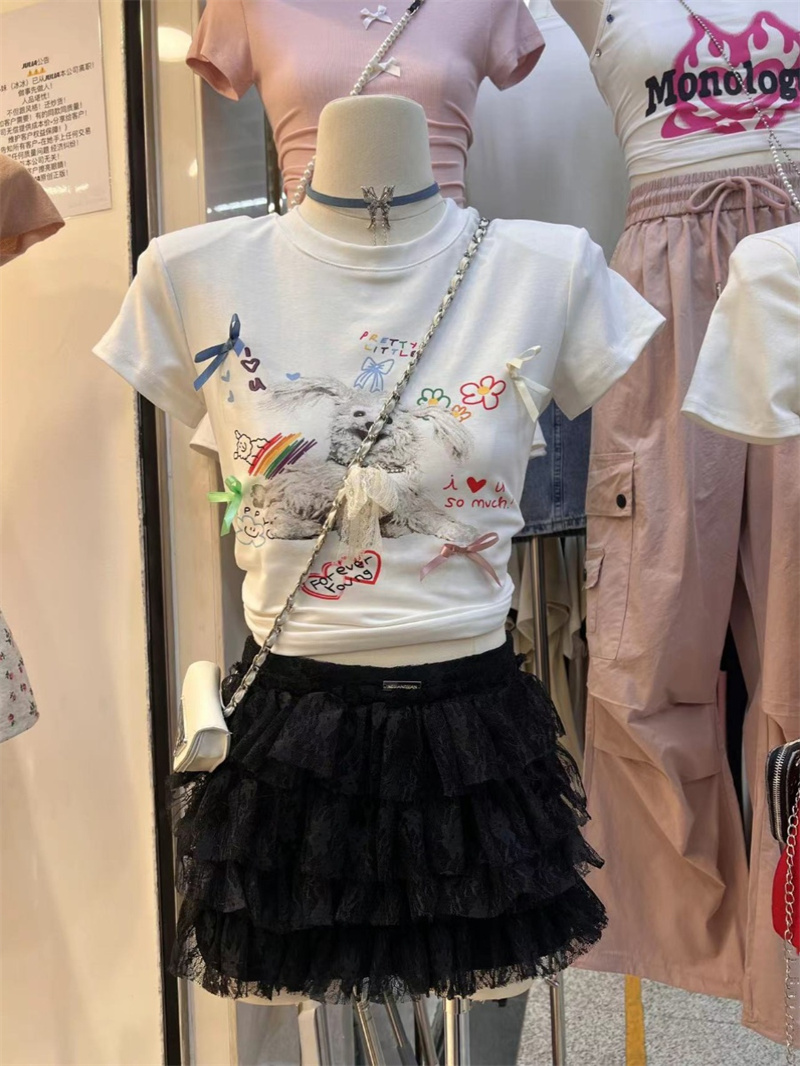 2024夏季新款狗狗印花立体蝴蝶结短袖T恤女修身时尚百搭短款上衣