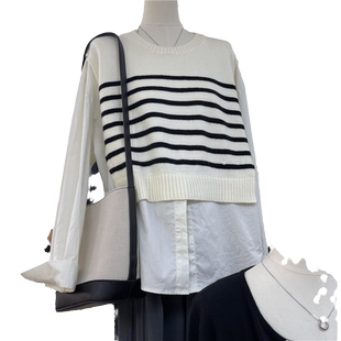 十三行2026年秋季新款韩版宽松衬衫针织条纹马甲拼接假两件上衣女