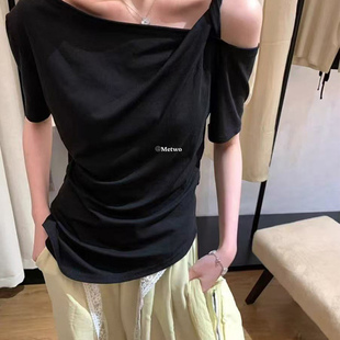斜边显瘦休闲上衣 十三行女装 设计感小众露肩T恤2025夏季 新款 短袖
