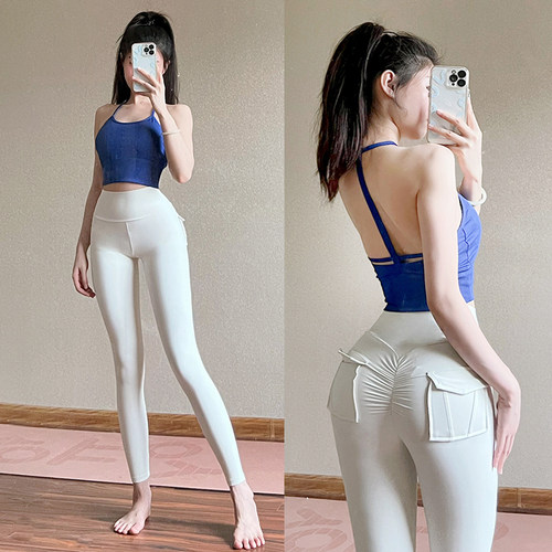 健身裤女高腰裸感口袋提臀蜜
