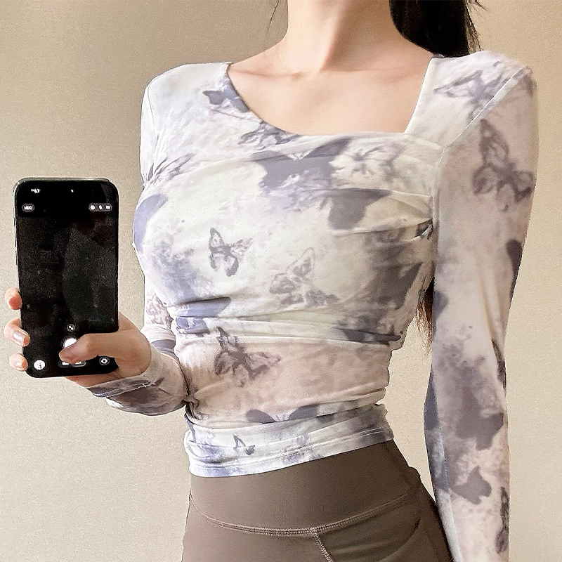 印花瑜伽服女2025新款上衣运动带胸垫训练长袖健身服秋季