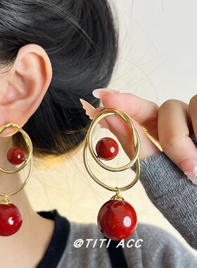 复古红色珍珠耳钉高级轻奢耳饰长款气质时尚饰品几何小众百搭耳环