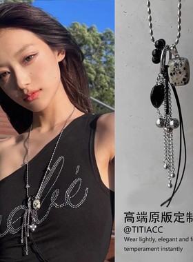 音乐节穿搭~天然斑点石方块爱心流苏项链女小众设计毛衣链配饰潮