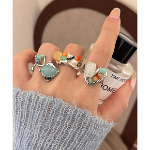 新中式手工串珠天然原石开口叠搭指环戒女 ins百搭冷淡风彩色戒子