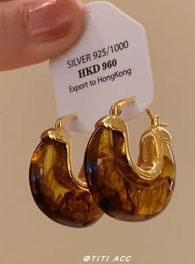 高品质~美拉德风琥珀纹理耳饰女秋冬新款高级耳环vintage中古耳圈