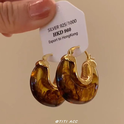 高品质~美拉德风琥珀纹理耳饰女秋冬新款高级耳环vintage中古耳圈