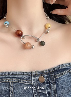 彩色交响乐串珠项链女轻奢小众个性大圆珠锁骨链海边度假风颈链潮