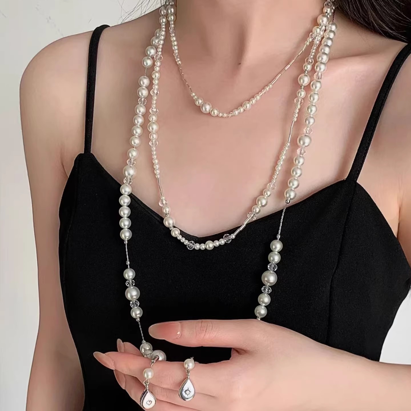 【汪苏泷同款】法式复古长款破碎珍珠项链女复古满天星叠戴毛衣链