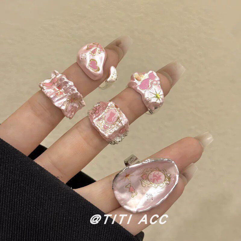 法式樱花粉珐琅滴油猫咪蝴蝶结贴花戒指女甜美高级感百搭气质指环