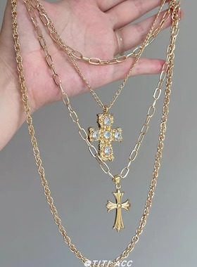 中古vintage多层叠戴十字架项链女复古风千禧辣妹锁骨链流苏颈链