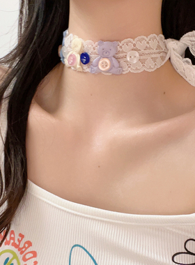 小熊纽扣蕾丝项链飘带高级感发带