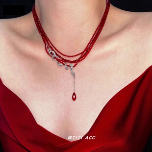 中古鸽血红菱形水滴银蛇项链女小众亚文化个性锁骨链choker颈链潮