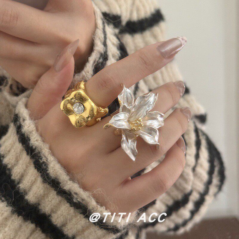 复古撞色滴釉郁金香戒指女轻奢高级感方形镶锆宽版指环时髦手饰潮