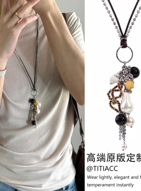 复古双层棕黄撞色圆球珍珠流苏项链小众设计感百搭长款毛衣链新款