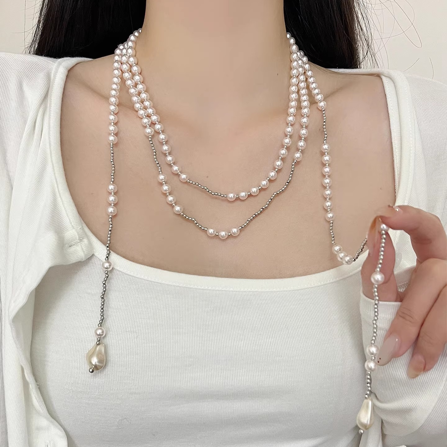 法式复古多层叠戴珍珠项链女轻奢高级感长款毛衣链优雅百搭颈饰潮