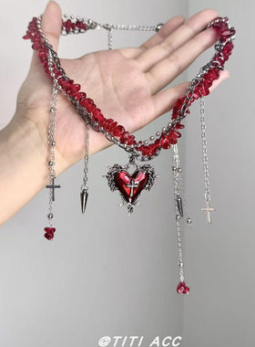 万圣节爱心十字架不规则碎石流苏缠绕项链暗黑哥特风高级感颈链女