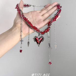万圣节爱心十字架不规则碎石流苏缠绕项链暗黑哥特风高级感颈链女