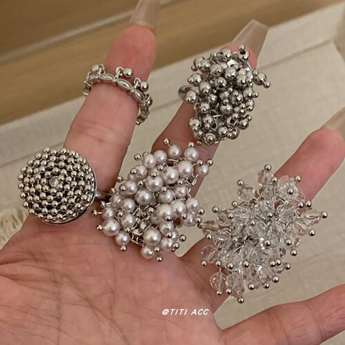 ins风重工金属圆球珍珠流苏戒指轻奢百搭夸张个性串珠编织食指戒