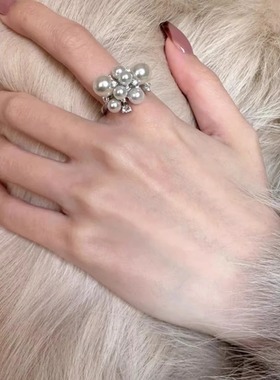 法式精致大小珍珠叠搭细碎闪钻戒指女轻奢高级感指环复古气质手饰