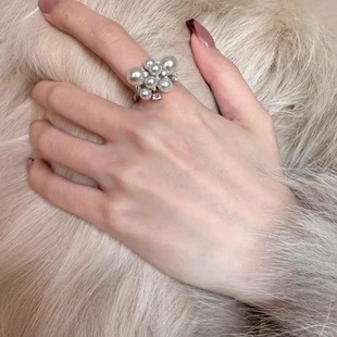 法式精致大小珍珠叠搭细碎闪钻戒指女轻奢高级感指环复古气质手饰