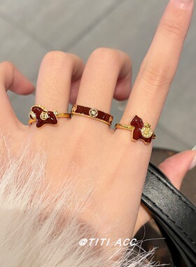 红色滴釉生肖小马戒指小众设计感新年本命年指环女士气质叠戴饰品