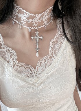 法式甜美白色蕾丝choker十字架水滴流苏项链气质百搭颈饰颈带配饰